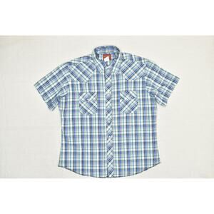 Rustler Shirt Mens XL Blue Green Plaid Western Pearl Snap X Long Tails Cowboy